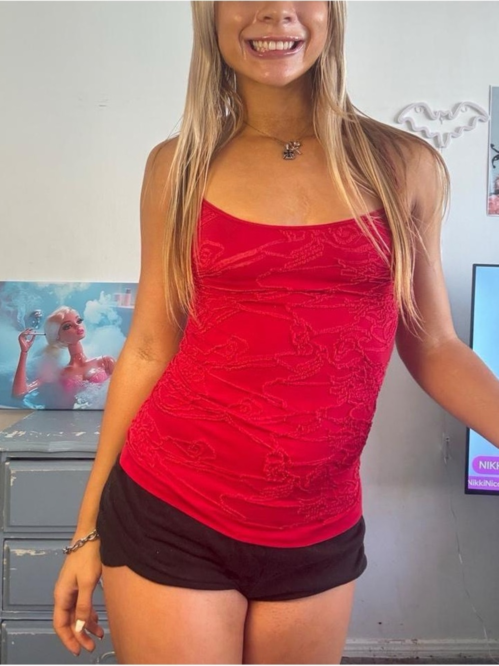 new mix true vintage y2k red fitted tank top camisole with floral lace